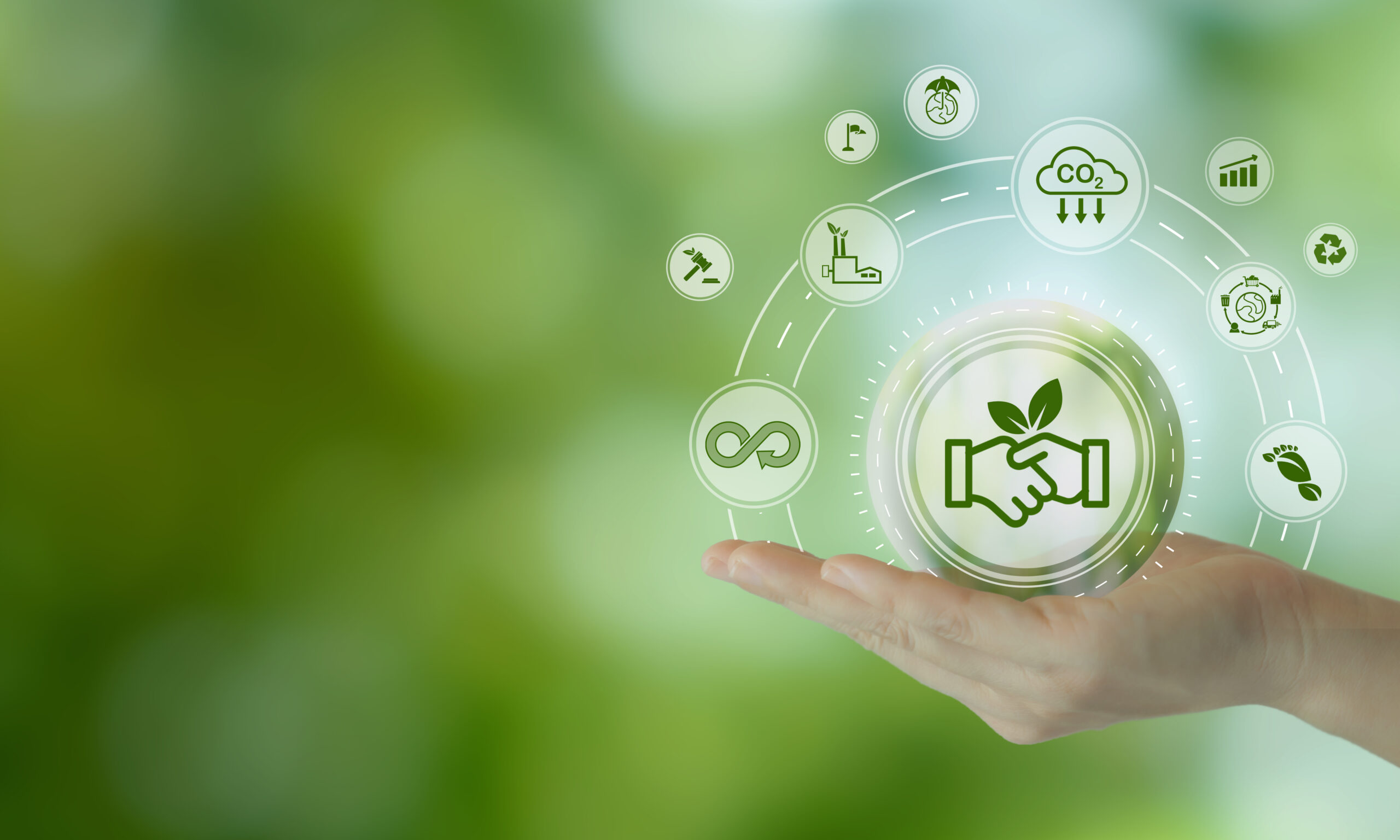 Green economy concept. Sustainable development and environmental protection, promoting economic growth. Reduce carbon emissions, promote renewable energy sources, encourage use of green technology.